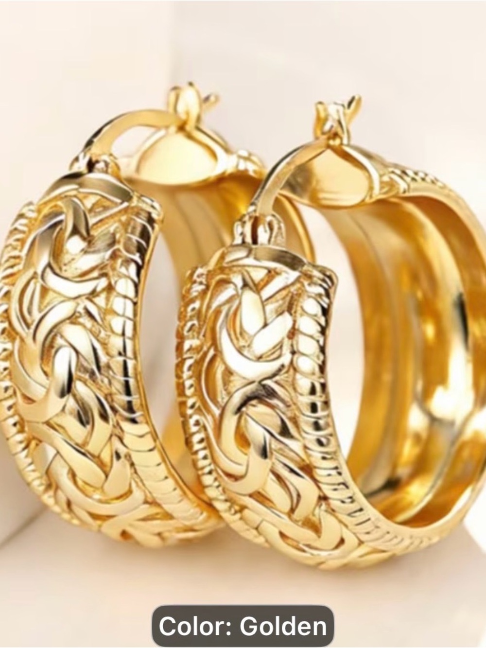 Vintage Gold-Tone Women's Hoop Earrings with Celtic Knot Detail - Picture 4 of 6